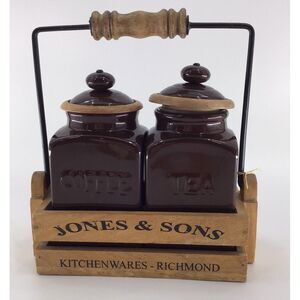 VTG Jones Sons Storage Jars Lidded Set Two Stoneware Kitchen 11" Wooden Carrier